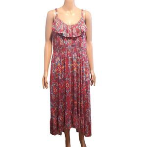 Torrid Boho Maxi Dress 2X 18/20 Red Festival Smocked Asymmetrical Hem Geometric
